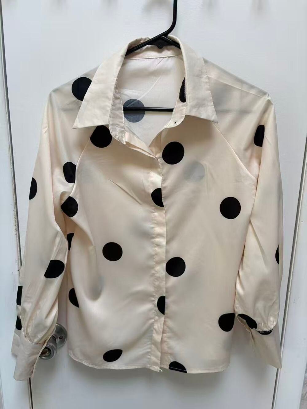 Women Cream Button Up Shirt Big Black Polka Dots Long Sleeve Blouse Retro Large